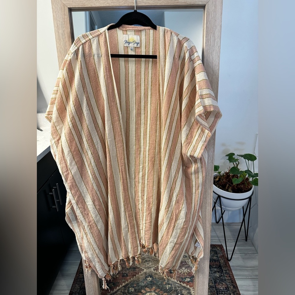 Rays For Days Coral & Cream Striped Cococabana Fringe Cover Up Beach Swim NEW